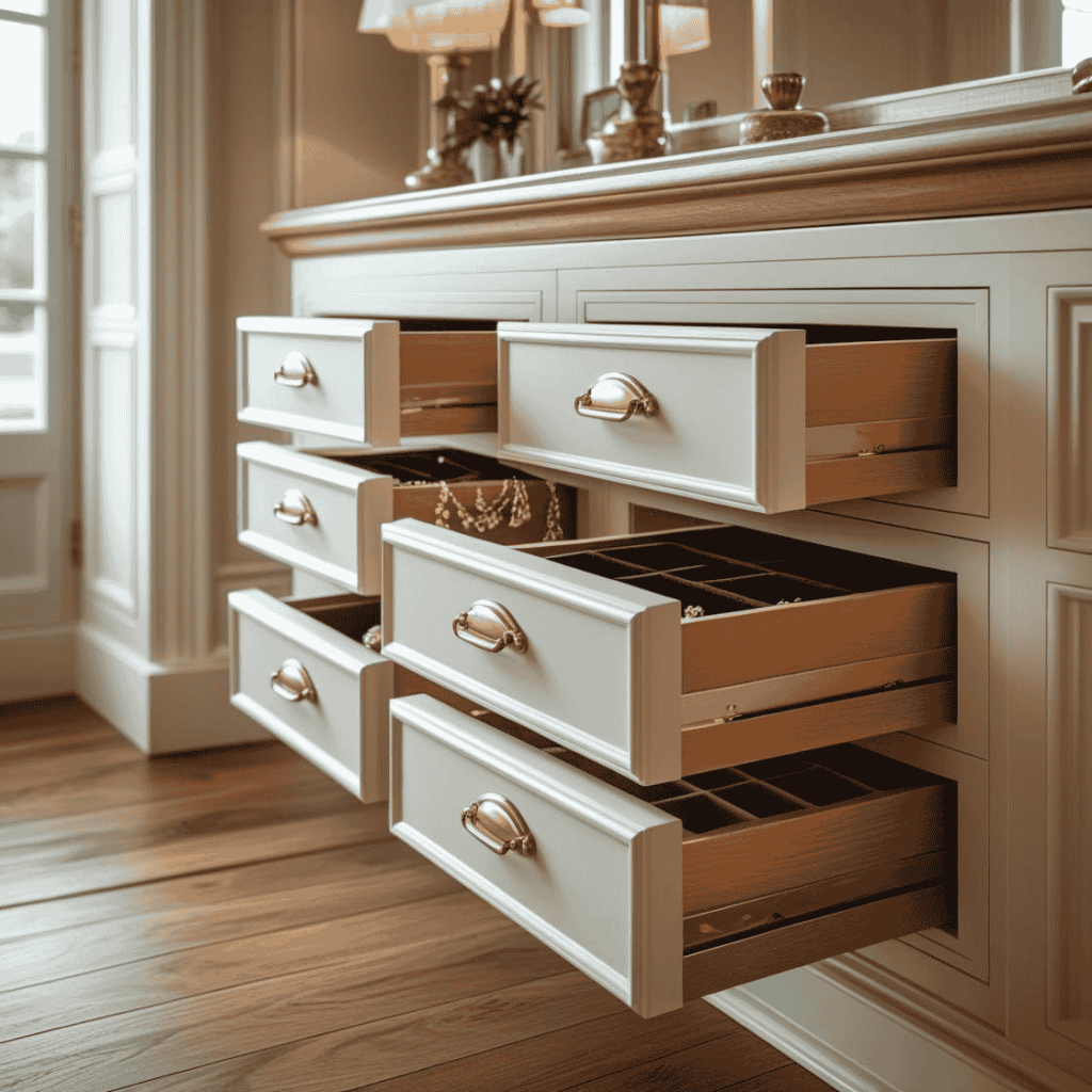 Fitted dressing room drawers with built-in organisers and soft-close runners