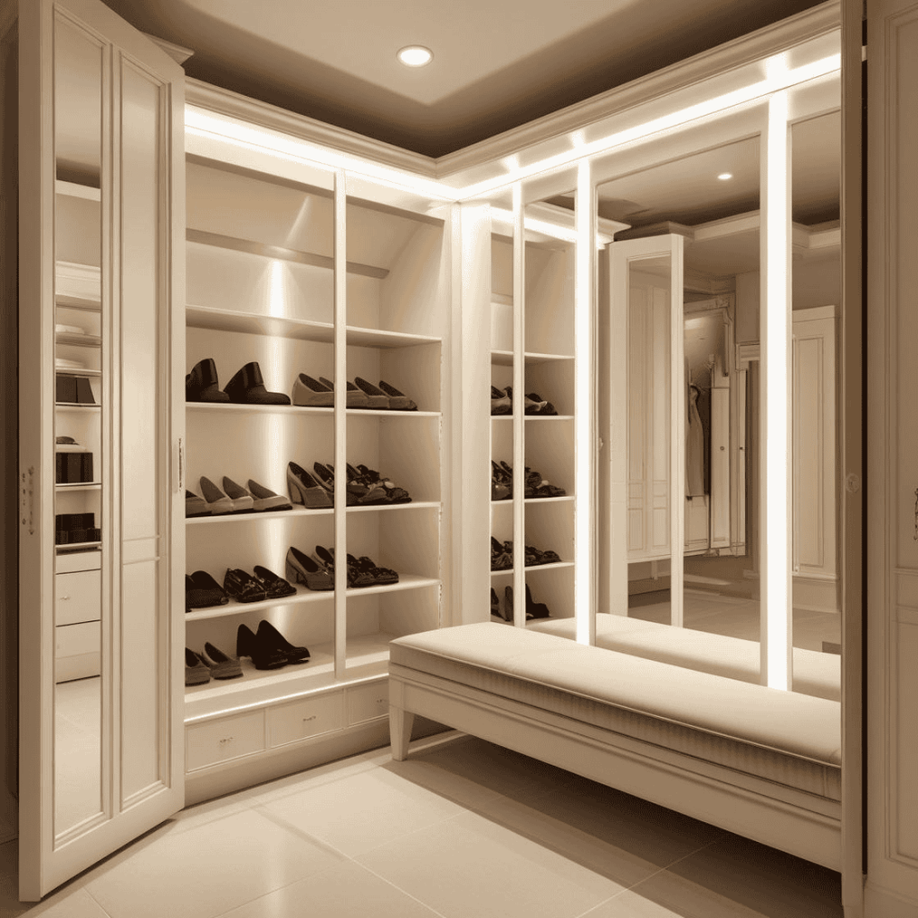 Walk-in wardrobe with mirrored doors and upholstered bench seating