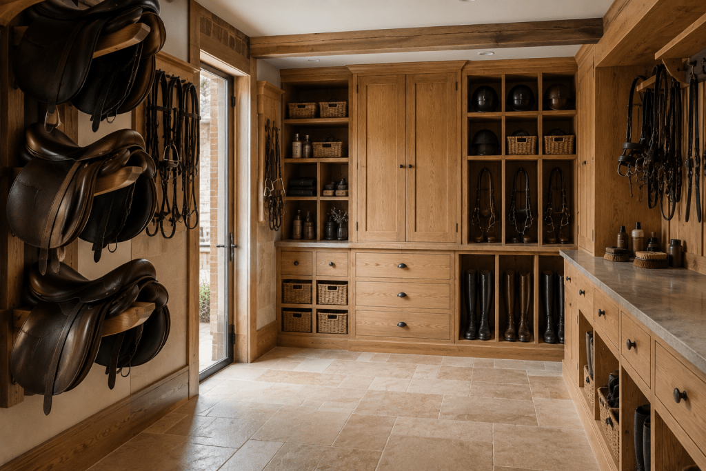 Tack room arranged into practical storage zones for riding and grooming equipment