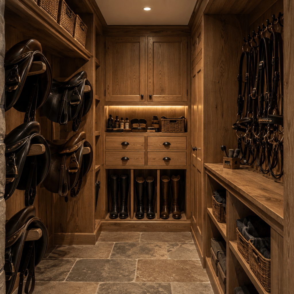 Compact tack room using fitted storage to organise equestrian equipment