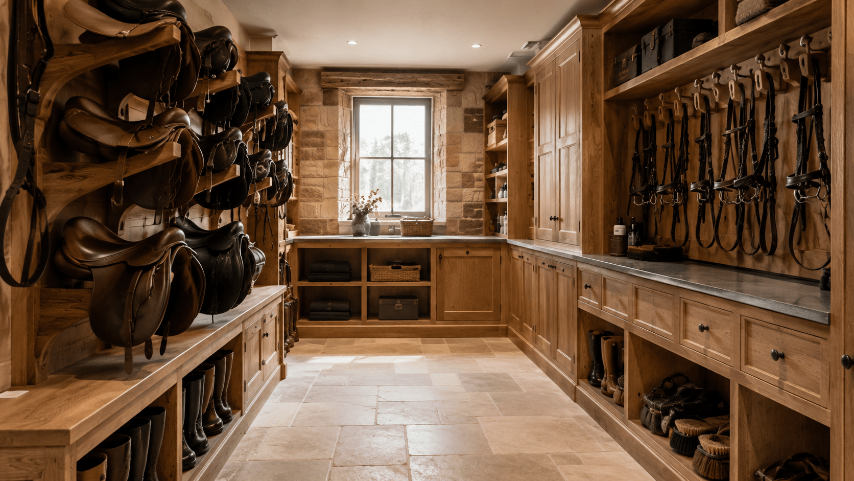 Organised equestrian tack room with saddle racks, bridle storage and fitted oak cabinetry